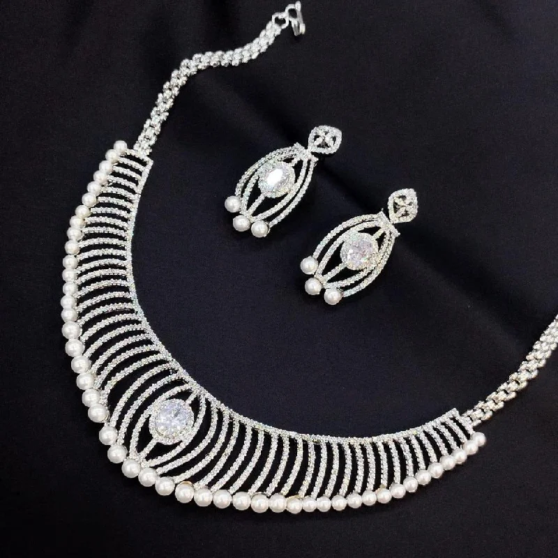 Pearls and Diamonds Necklaces-Akruti Collection Silver Plated AD Stone Necklace Set