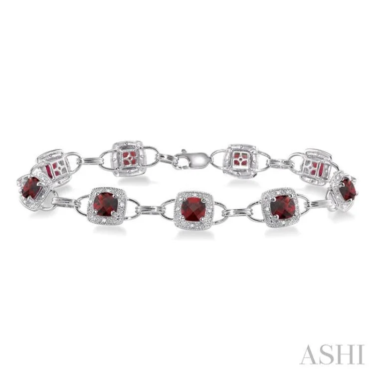 Elegant Gold Cuff Bracelets-5x5MM Cushion Cut Garnet and 1/6 Ctw Single Cut Diamond Bracelet in 10K White Gold