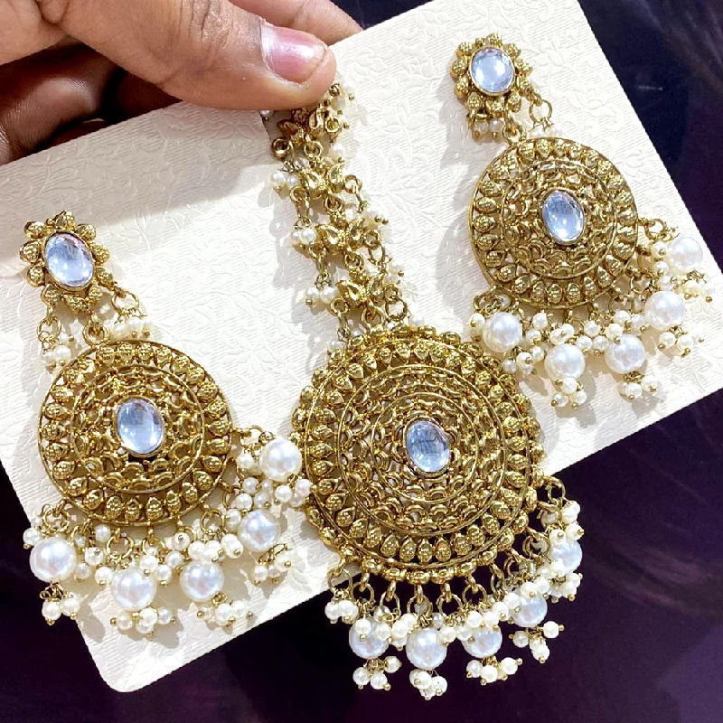 Natural Stone Earrings-Rani Sati Jewels Gold Plated Pearl Dangler Earrings With Mangtikka