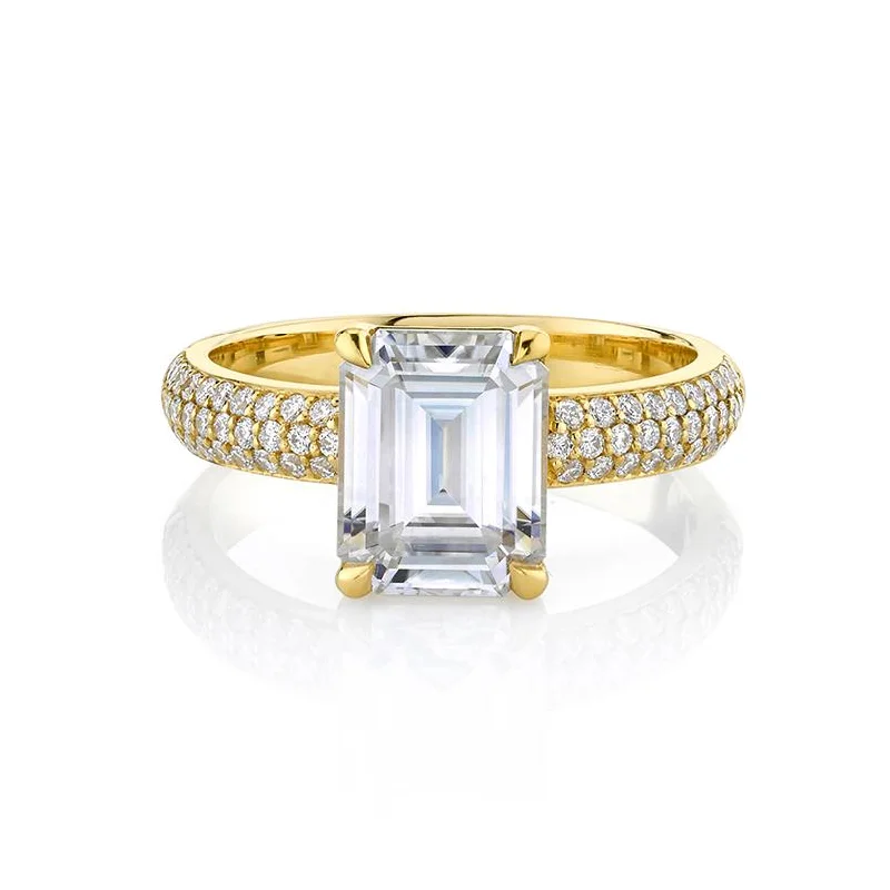 Gold Band Engagement Rings-Emerald Cut Diamond Setting with Pavé Cloud Fit Band