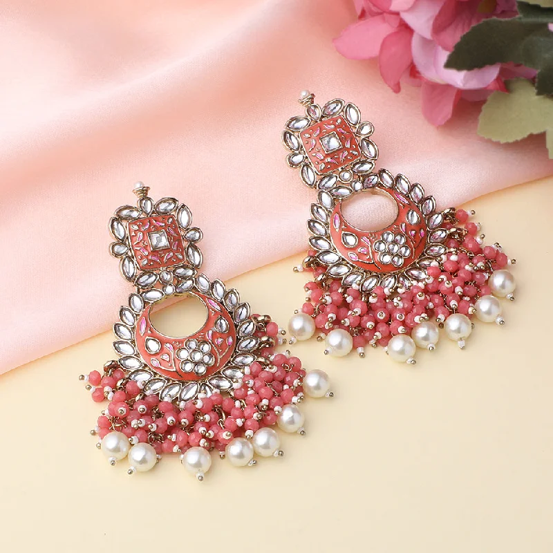 Eco-Friendly Earrings-Mahi Pink Meenakari Work Floral Chandbali Traditional Dangler Earrings with Crystals and Beads for Women (ER11098129GPin)