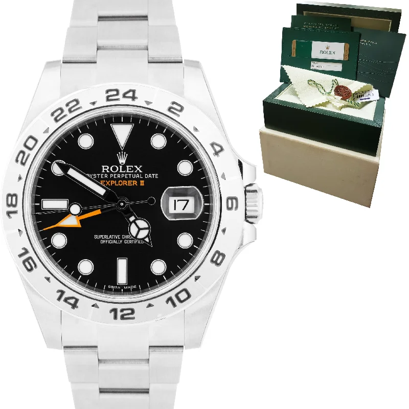 Custom Wooden Watches-NEW NOS STICKERED 2015 Rolex Explorer II 42mm Black GMT Date Steel Watch 216570