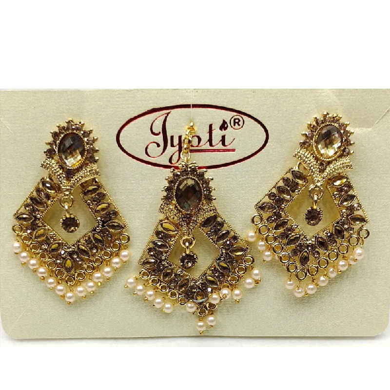 Natural Stone Earrings-Tip Top Jewellers Gold Plated Austrian Stone And Pearl Earrings With Mangtikka