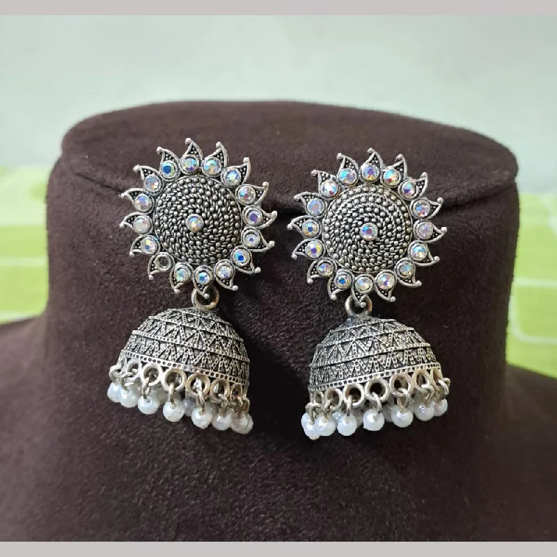 Bohemian Earrings for Festivals-H K Fashion Oxidised Plated Austrian Stone And Beads Jhumki Earrings