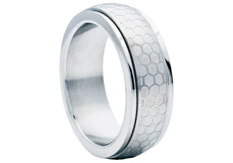 Birthstone Diamond Rings-Mens Honey Comb Textured Stainless Steel Spinner Band