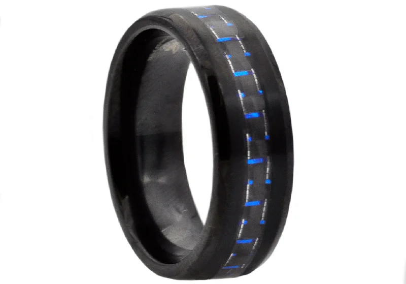 Unique Men's Wedding Bands-Mens Blue Carbon Fiber and Black Stainless Steel Band