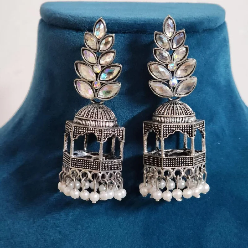 Chic Silver Dangle Earrings-H K Fashion Oxidised Plated Austrian Stone And Beads Jhumki Earrings