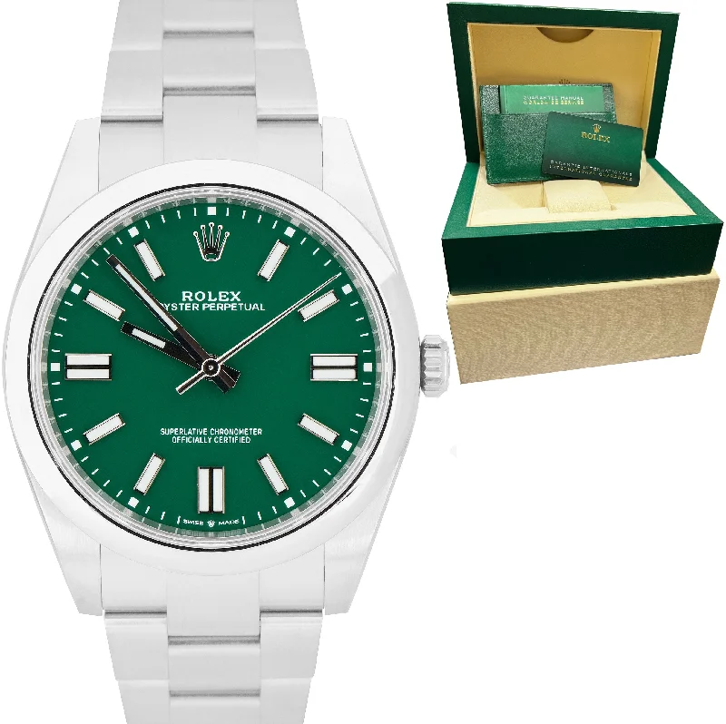 Elegant Watches with Gemstone Detailing-BRAND NEW APR. 2022 Rolex Oyster Perpetual 41mm GREEN Oyster Steel Watch 124300