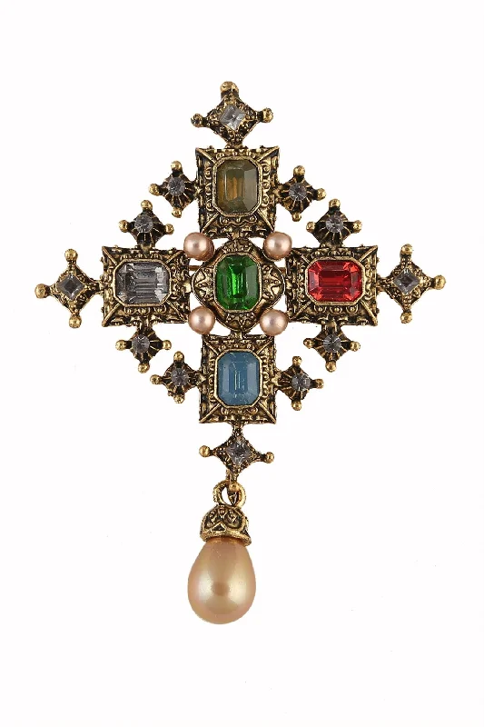 Fashionable Brooch for Special Events-Beautiful Vintage Multicolour Diamond & Pearl Brooch Pin