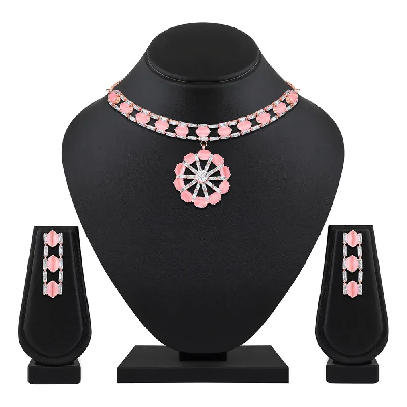 Designer Bead Necklaces-Mahi Rose Gold Plated Pink and White Cubic Zirconia (CZ) Floral Women's Necklace Set (NL1103818ZPin)