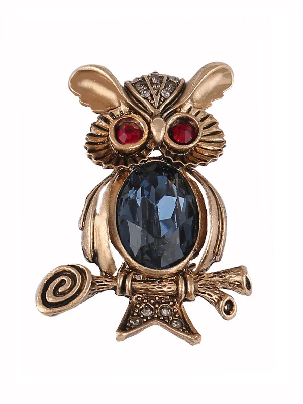 Elegant Silver Brooch for Bridesmaids-Antique Gold Diamond Owl Luxury Bird Brooch Pin