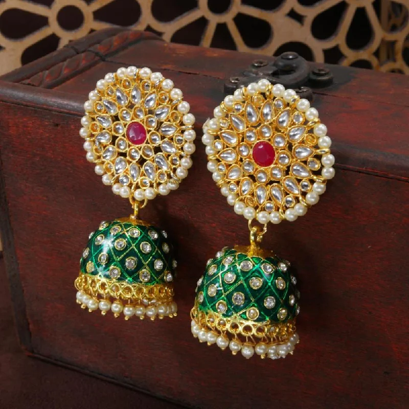 Vintage Pearl Earrings-Etnico Gold Plated Meenakari Kundan & Pearl Drop Jhumka Earrings For Women (E2925Cr)