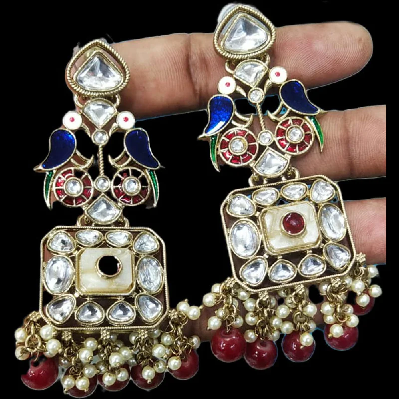 Bright Colored Earrings-JCM Gold Plated Kundan And Pearl Meenakari Dangler Earrings