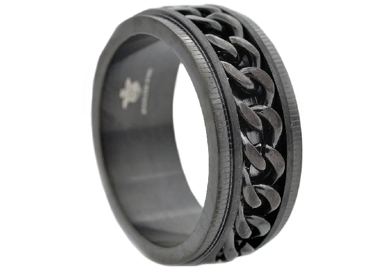 Men's Vintage Wedding Bands-Mens 10mm Black Stainless Steel Chain Ring