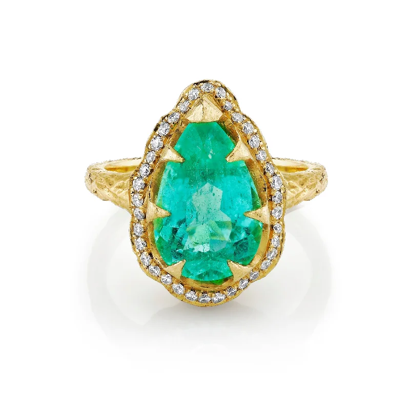 Oval Diamond Rings-18k Classic Queen Water Drop Paraiba Ring with Full Pavé Diamond Halo | Ready to Ship