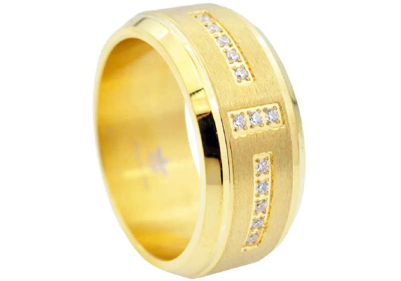 Dainty Engagement Rings-Mens Beveled Gold Stainless Steel Band With Cubic Zirconia