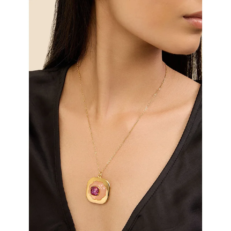 Rose Quartz Crystal Necklaces-Isharya Think Pink Pendant in 18Kt Gold Plated Necklace