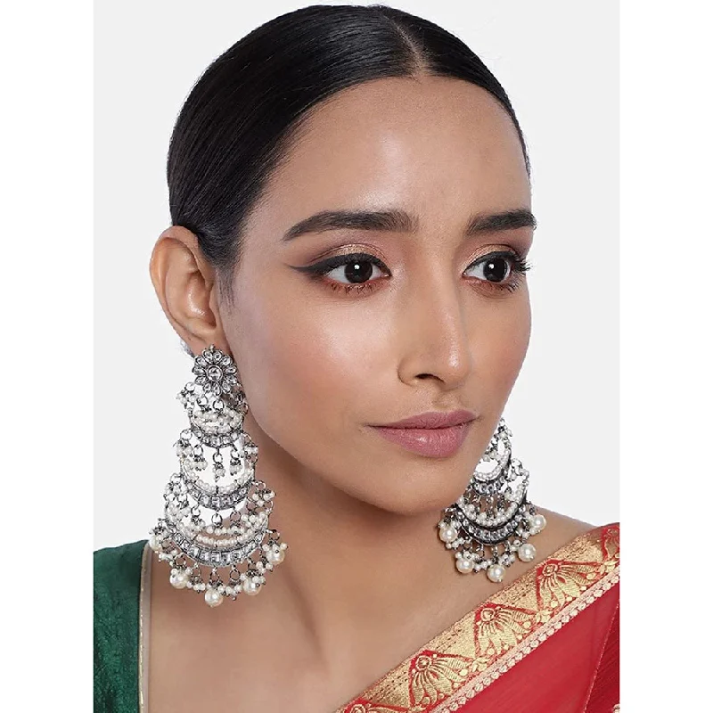 Handcrafted Pearl Earrings-Etnico 18k Silver Oxidised 3 Layered Chandbali Earrings with Kundan and Pearl Work for Women (E2859OX)