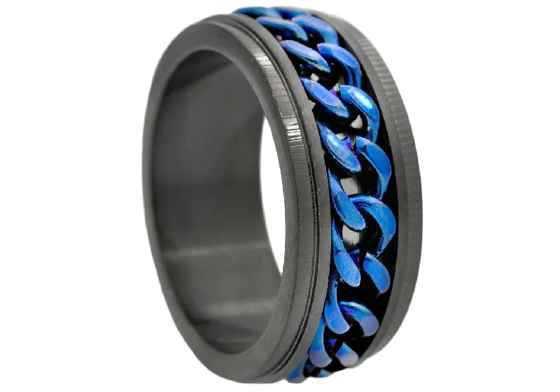 Unique Gold Engagement Rings-Mens 10mm Black And Blue Stainless Steel Chain Ring