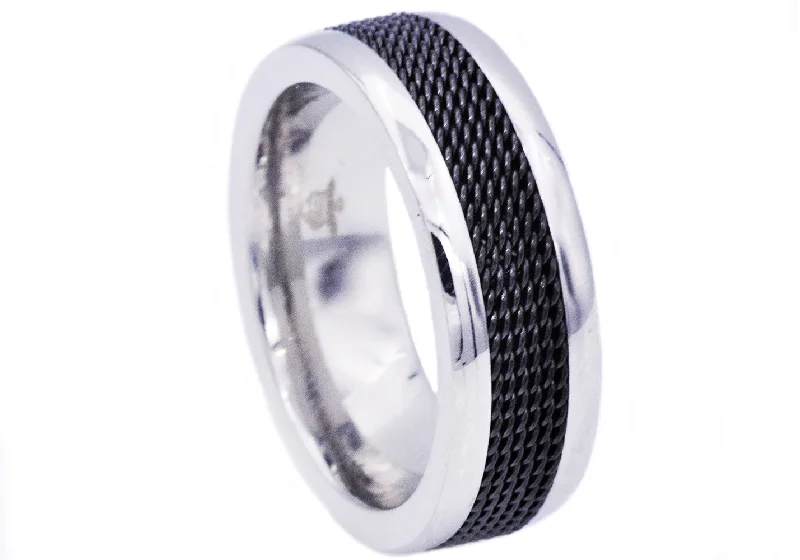 Promise Rings for Couples-Men's 8mm Polished Stainless Steel Black Cable Inlay Ring