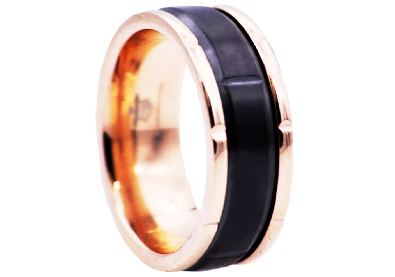 Customizable Rings for Gifts-Mens 8mm Black And Rose Stainless Steel Etched Ring