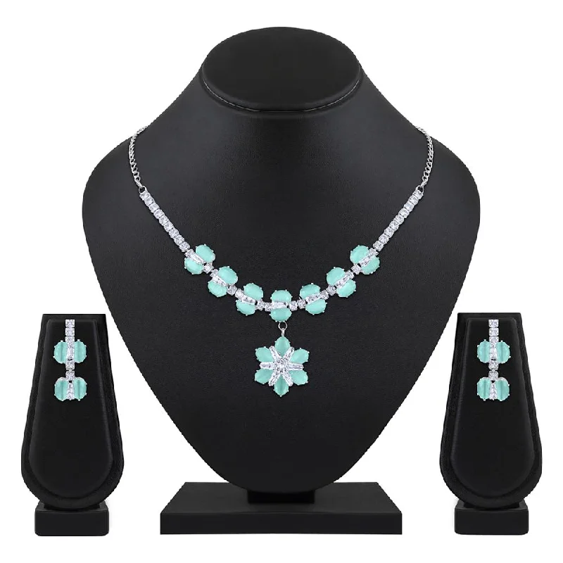 Antique Gold Necklaces-Mahi Rhodium Plated Light Green Cubic Zirconia (CZ) Floral Women's Necklace Set (NL1103820RLGre)