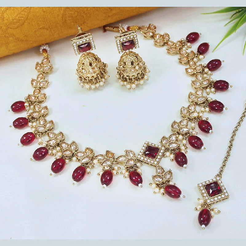 Elegant Sapphire Necklaces-LALSO Marvelous Gold plated Zircon Work Necklace Jewelry Set With Maangtika