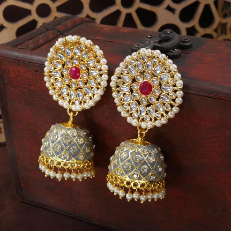 Simple Silver Earrings-Etnico Gold Plated Meenakari Kundan & Pearl Drop Jhumka Earrings For Women (E2925Gr)