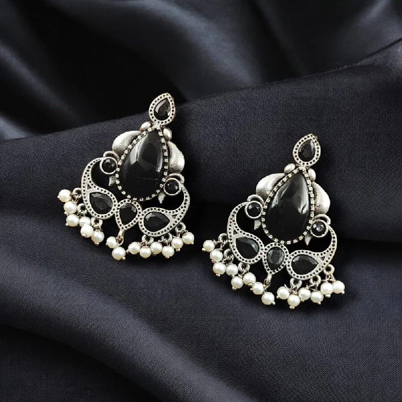 Pearl Drop Earrings-Maharani Jewels Oxidised Plated Pota Stone And Pearls Dangler Earrings