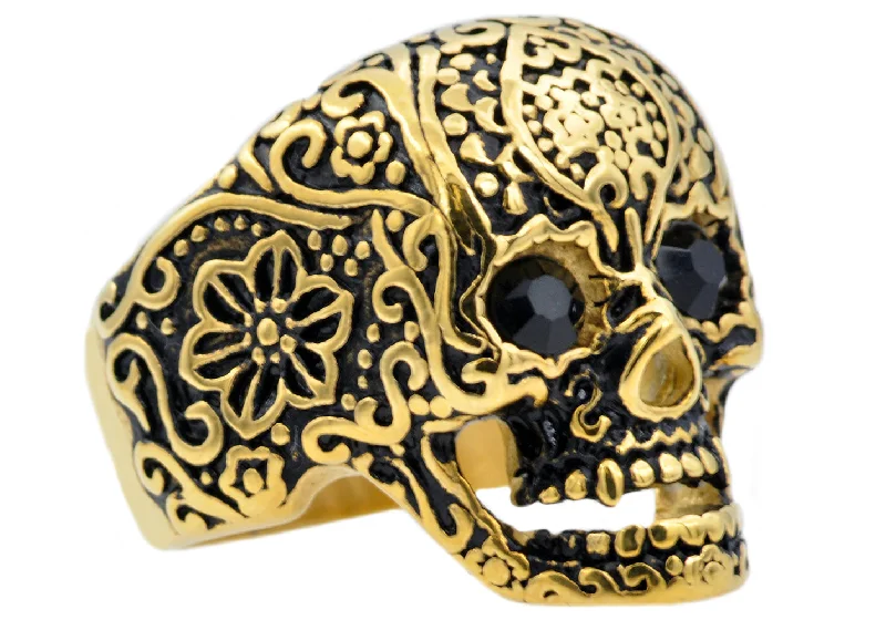 Classic Gemstone Engagement Rings-Mens Gold Stainless Steel Skull Ring With Black Cubic Zirconia