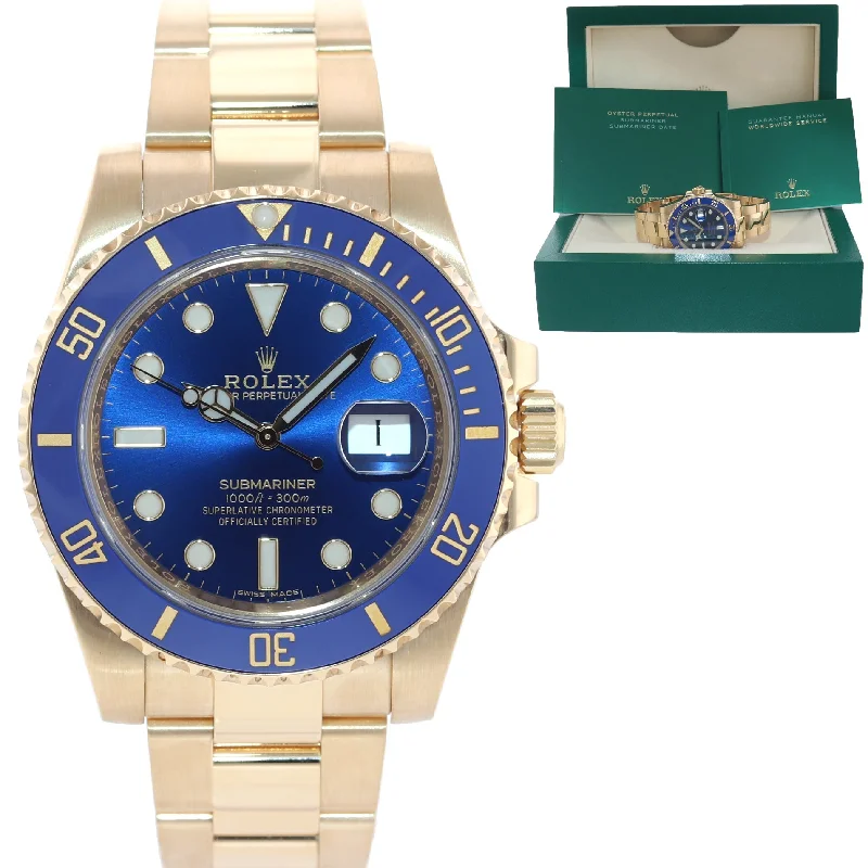 Elegant Wrist Watches for Brides-Discontinued 2019 Rolex Sunburst Blue Ceramic 116618 Yellow Gold 40mm Watch Box