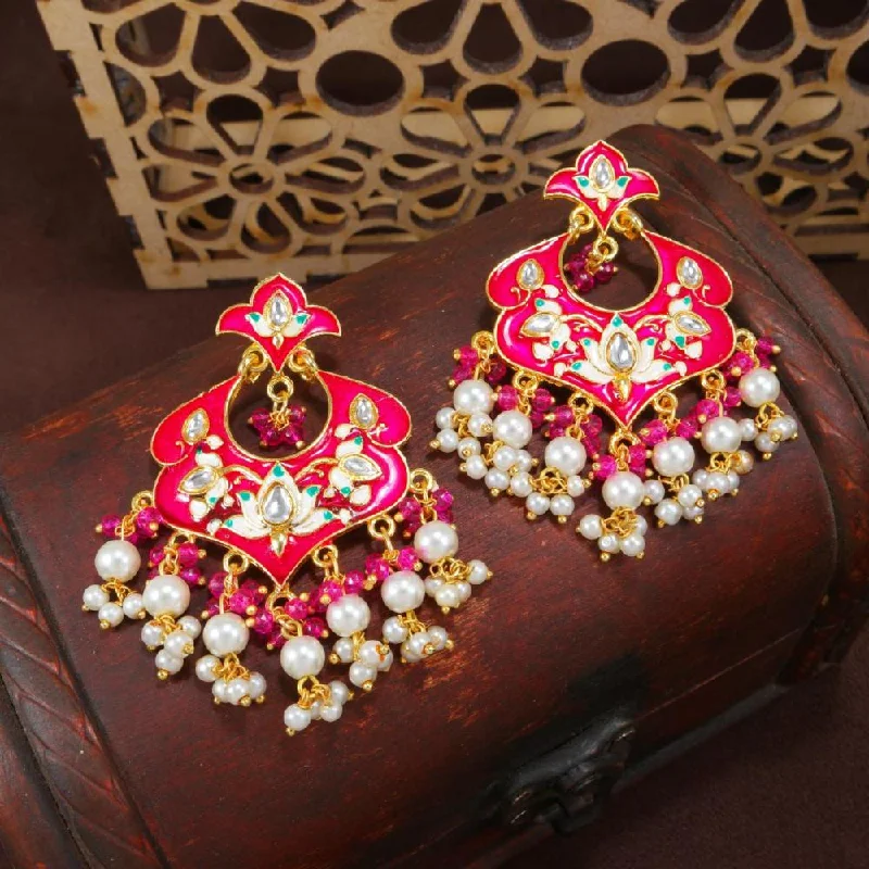 Sterling Silver Stud Earrings-Etnico Gold Plated Meenakari Kundan & Pearl Drop Chandbali Earrings For Women (E2920Pi)