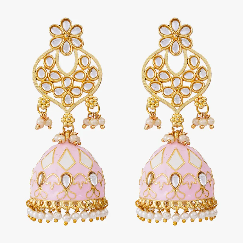 Artistic Drop Earrings-Shagna Gold Plated Meenakari And Pearls Jhumki Earrings