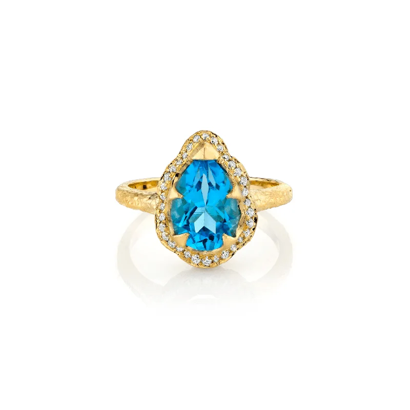 Large Statement Rings-Baby Queen Water Drop Blue Topaz Ring with Full Pavé Halo | Ready to Ship