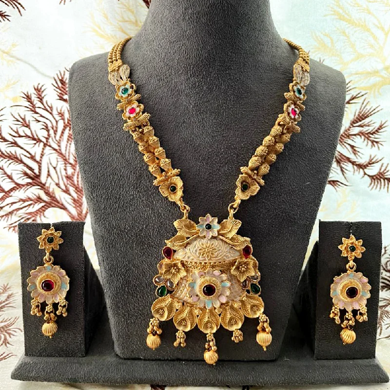 Simple Beaded Necklaces-India Art Gold Plated Pota Stone And Beads Necklace Set