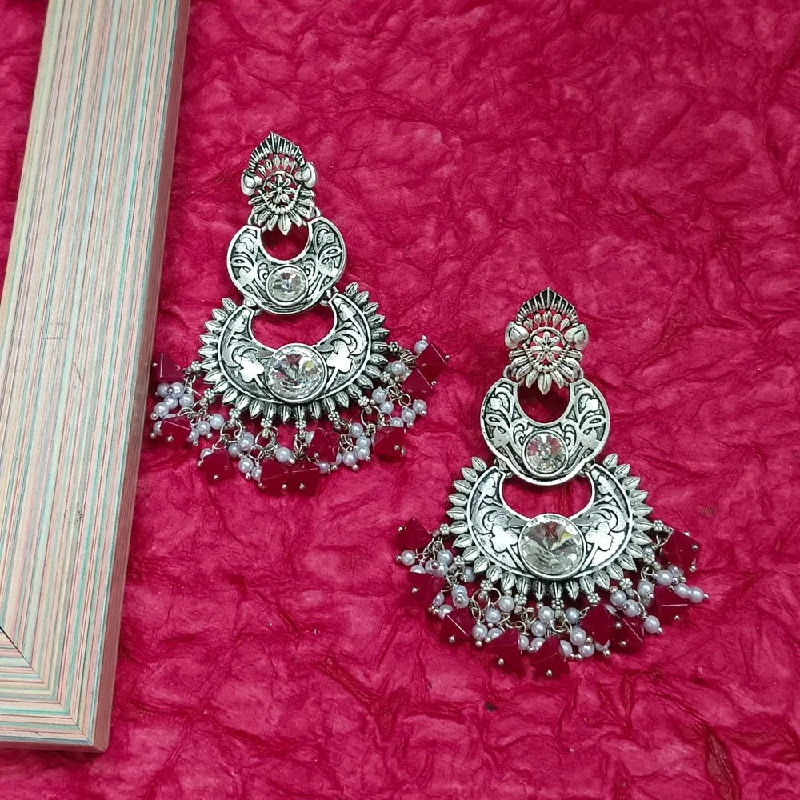 Ethnic Silver Earrings-Darshana Jewels Crystal Stone Silver Plated Dangler Earrings