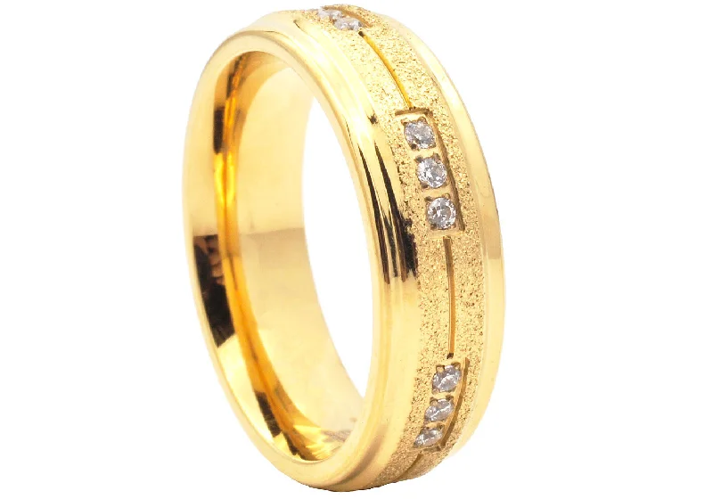 Vintage Silver Rings-Mens Sandblasted Gold Stainless Steel Band With Cubic Zirconia