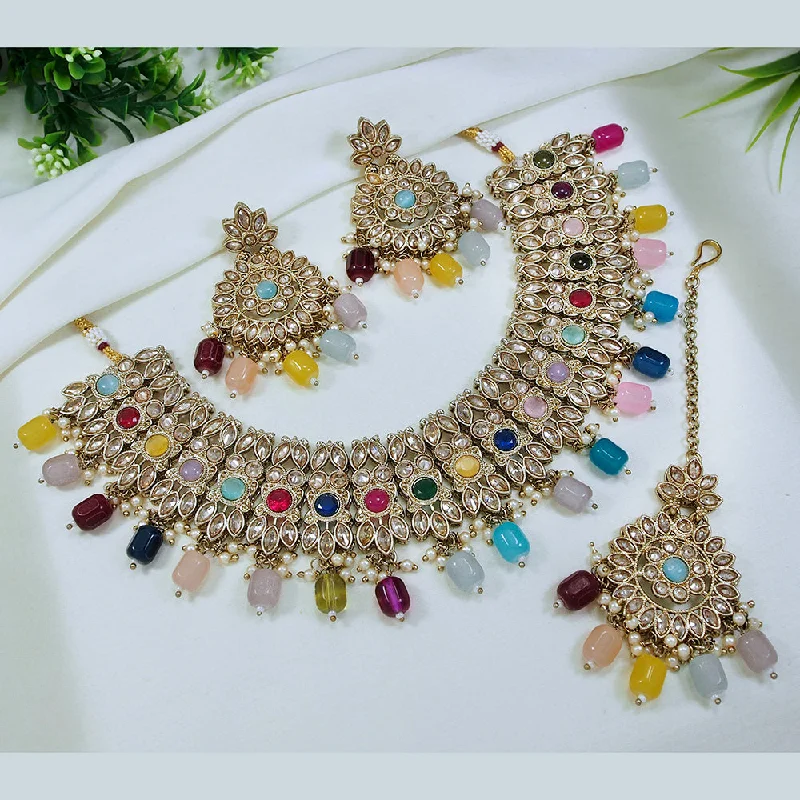 Elegant Emerald Necklaces-LALSO Designer  Gold plated Zircon Work Necklace Jewelry Set With Maangtika