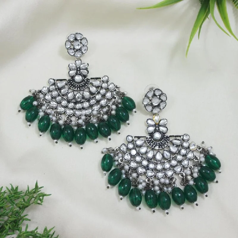 Light Crystal Earrings-Etnico Silver Oxidised Kundan & Pearl Chandbali Earrings For Women (E3106ZG)