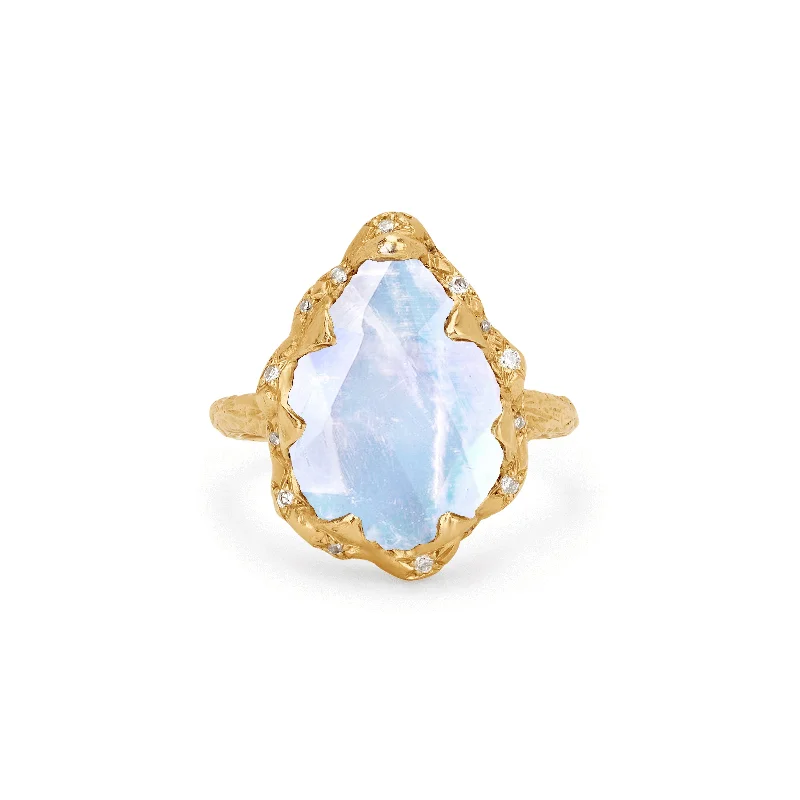 Blue Diamond Rings-Queen Water Drop Moonstone Ring with Sprinkled Diamonds