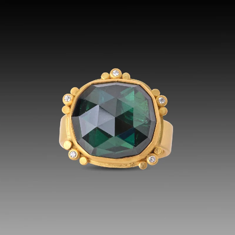 Simple Promise Rings-Green Tourmaline Ring with Gold Trios