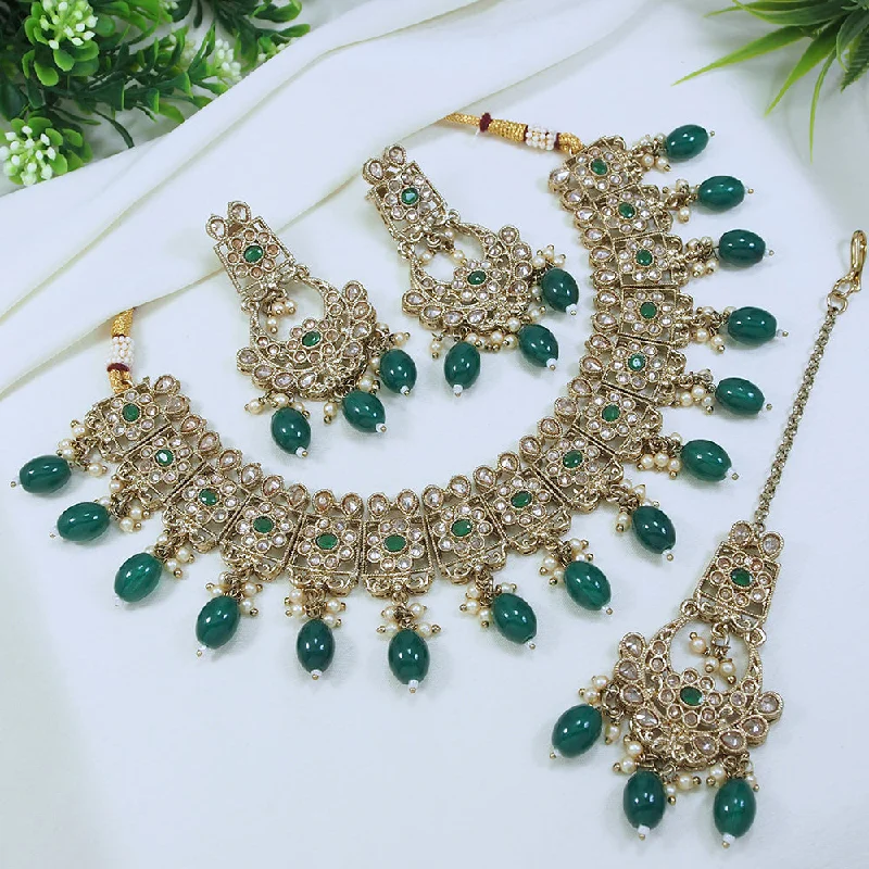 Vintage Style Choker Necklaces-LALSO Antique Gold plated Necklace Jewelry Set With Maangtika