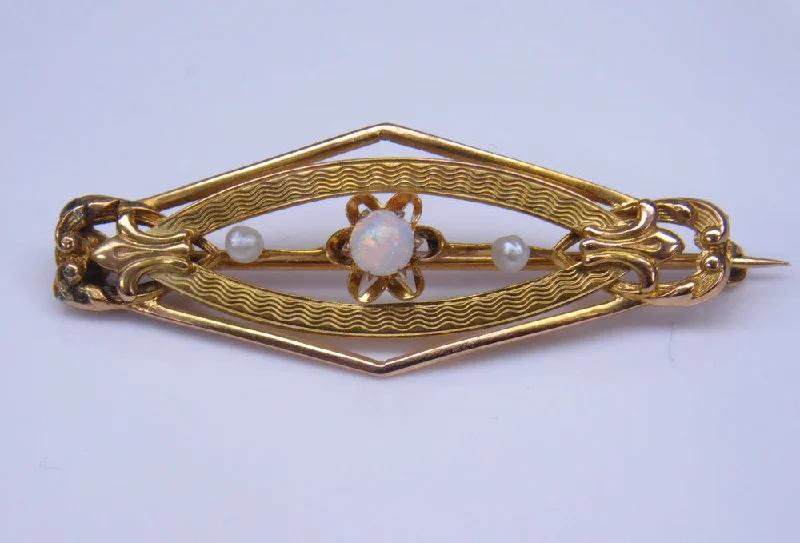 Fashionable Crystal-Embellished Brooch-10K ART DECO OPAL & PEARL ART DECO BROOCH