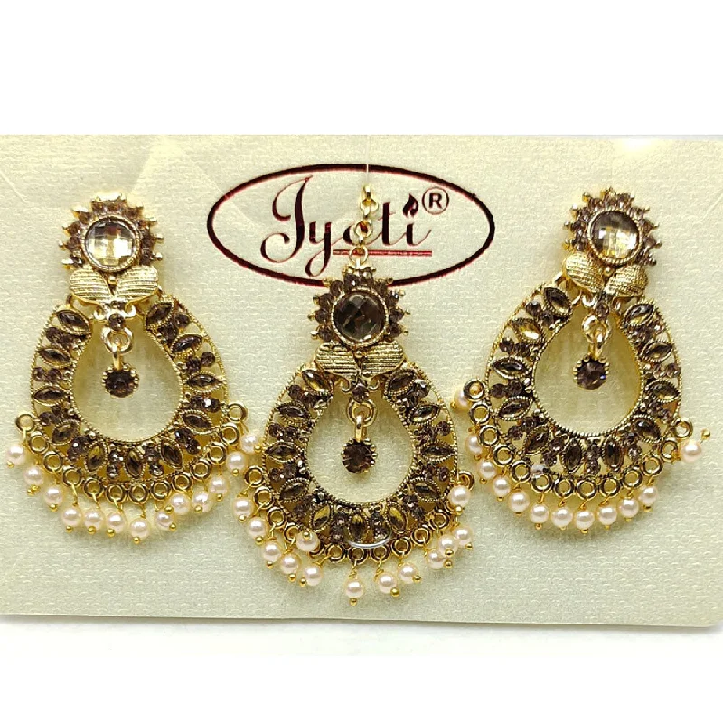 Fashionable Gold Earrings-Tip Top Jewellers Gold Plated Austrian Stone And Pearl Earrings With Mangtikka