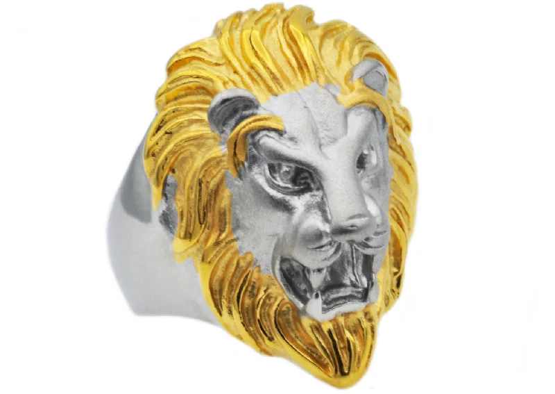 Luxury Gold Wedding Bands-Mens Gold Stainless Steel Lion Ring