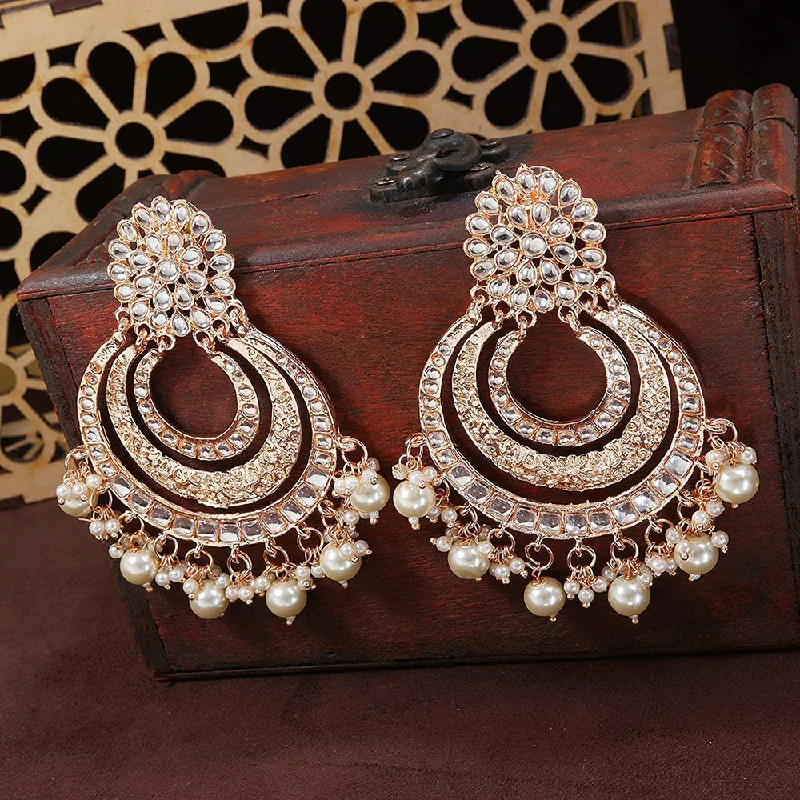 Chic Silver Dangle Earrings-Etnico 18k Rose Gold Plated Big Chandbali Earrings Glided With Kundan & Pearl for Women (E2860RG)