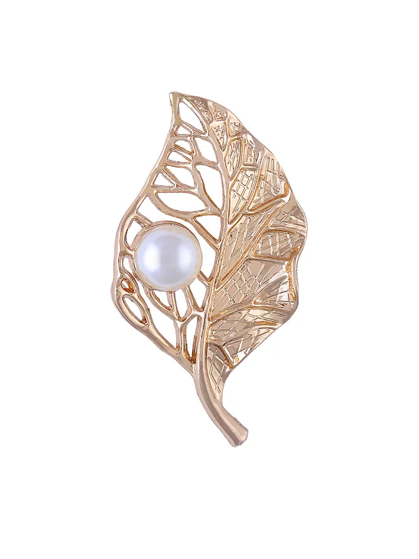 Custom Gold Brooch for Special Occasions-Simply Pretty Golden Leaf with Pearl Brooch