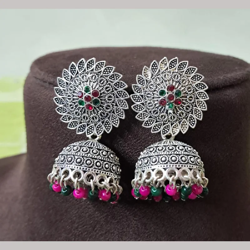 Silver Earring Cuffs-H K Fashion Oxidised Plated Austrian Stone And Beads Jhumki Earrings