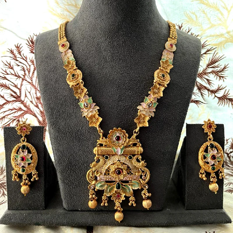 Engraved Bar Necklaces-India Art Gold Plated Pota Stone And Beads Necklace Set