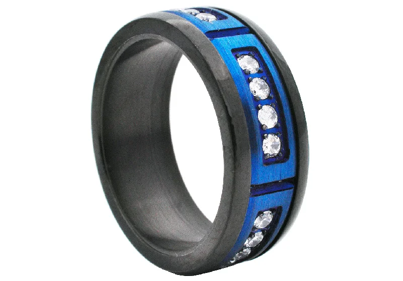 Customized Engagement Rings-Mens 8mm Two-Tone Blue and Black Stainless Steel Ring With Cubic Zirconia